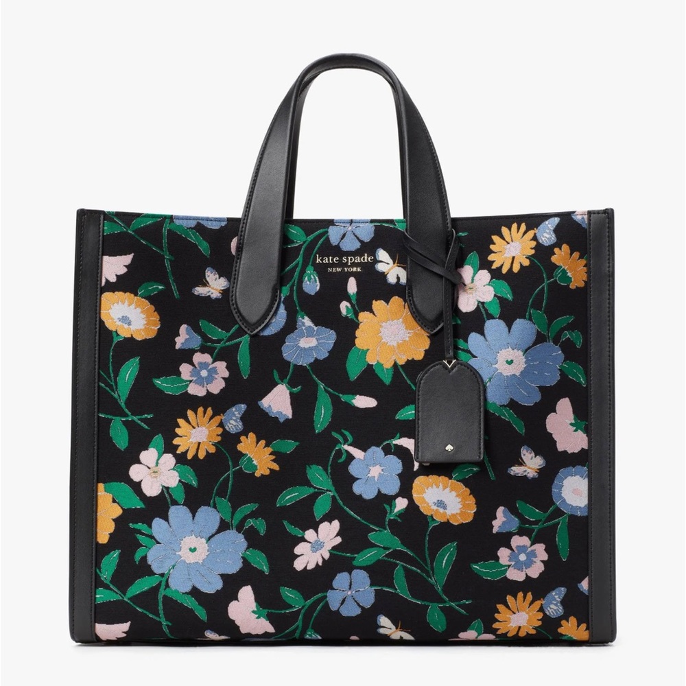 Kate Spade Large Manhattan Tote Black Floral Garden Jacquard Bag